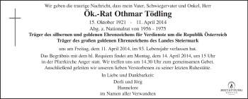 Traueranzeige von Othmar Tödling von Kleine Zeitung