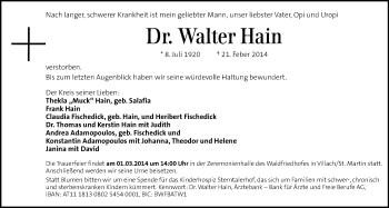Traueranzeige von Walter Hain  von Kleine Zeitung