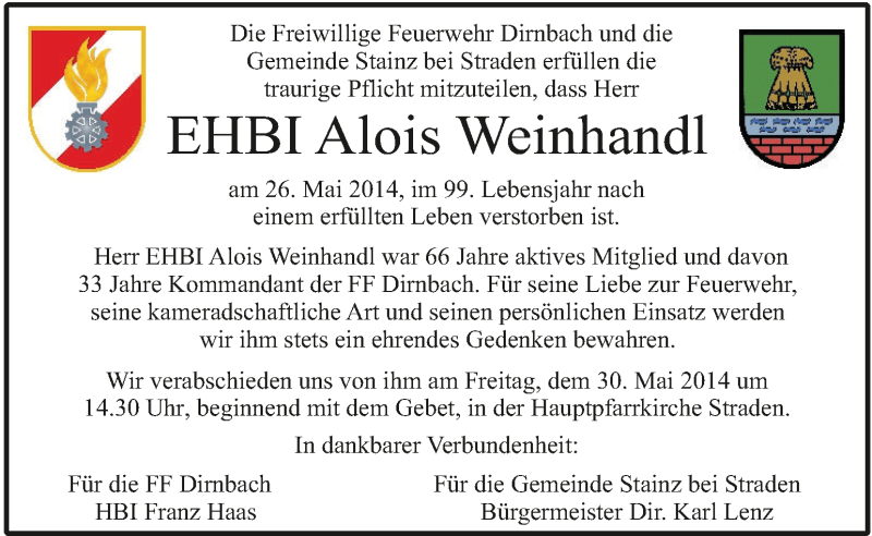  Traueranzeige für Alois Weinhandl vom 29.05.2014 aus Kleine Zeitung