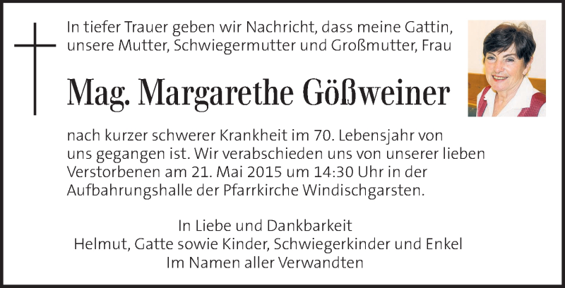  Traueranzeige für Margarethe Gößweiner vom 20.05.2015 aus Kleine Zeitung