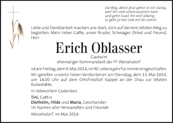 Traueranzeige von Erich Oblasser von Kleine Zeitung