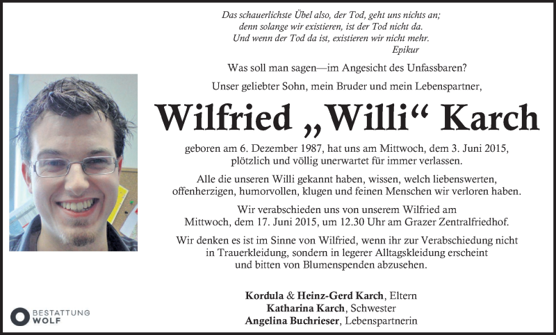  Traueranzeige für Wilfried Karch vom 12.06.2015 aus Kleine Zeitung