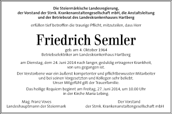 Traueranzeige von Friedrich Semler von Kleine Zeitung