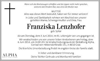 Traueranzeige von Franziska Lenzhofer von Kleine Zeitung