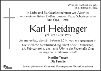 Traueranzeige von Karl Heidinger von Kleine Zeitung