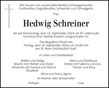 Traueranzeige von Hedwig Schreiner von Kleine Zeitung