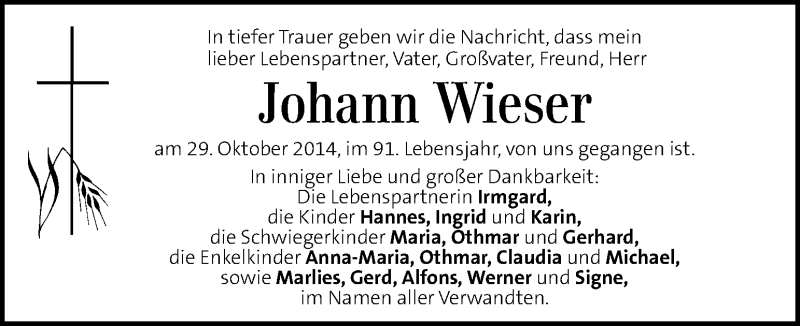  Traueranzeige für Johann Wieser vom 31.10.2014 aus Kleine Zeitung