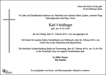 Traueranzeige von Karl Heidinger von Kleine Zeitung