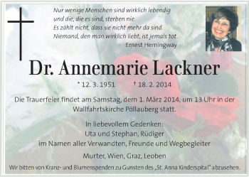 Traueranzeige von Annemarie Lackner von Kleine Zeitung