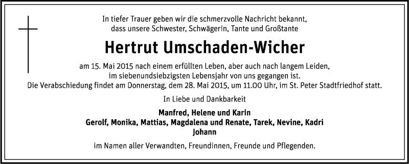  Traueranzeige für Hertrut Umschaden-Wicher vom 22.05.2015 aus Kleine Zeitung