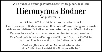 Traueranzeige von Hieronymus Bodner von Kleine Zeitung
