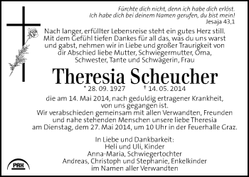 Traueranzeige von Theresia Scheucher von Kleine Zeitung