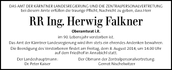 Traueranzeige von Herwig Falkner von Kleine Zeitung