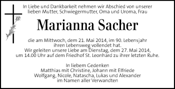 Traueranzeige von Marianne Sacher von Kleine Zeitung