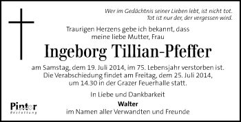Traueranzeige von Ingeborg Tillian-Pfeffer von Kleine Zeitung