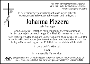 Traueranzeige von Johanna Pizzera von Kleine Zeitung