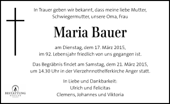 Traueranzeige von Maria Bauer von Kleine Zeitung