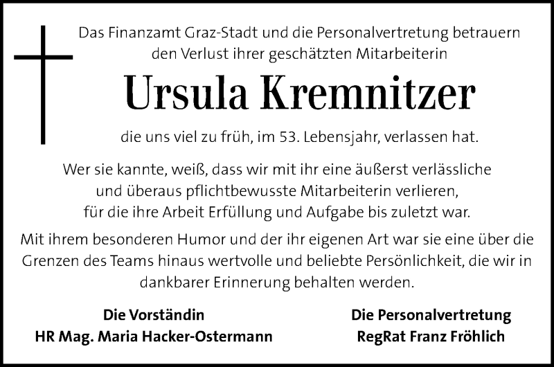  Traueranzeige für Ursula Kremnitzer vom 30.05.2015 aus Kleine Zeitung