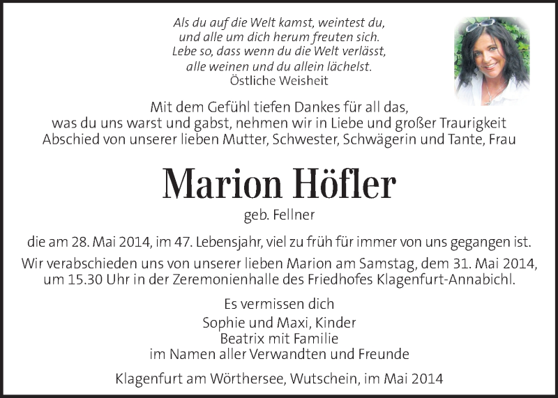  Traueranzeige für Marion Höfler vom 31.05.2014 aus Kleine Zeitung