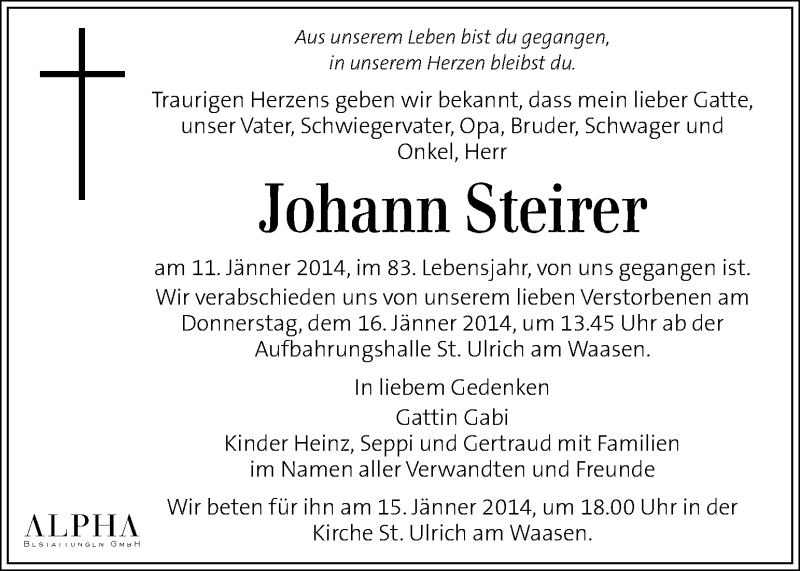  Traueranzeige für Johann Steirer vom 14.01.2014 aus Kleine Zeitung