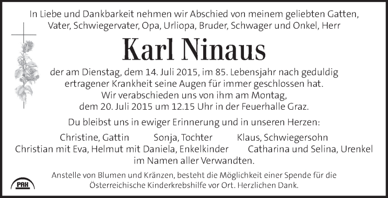  Traueranzeige für Karl Ninaus vom 17.07.2015 aus Kleine Zeitung