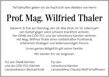 Traueranzeige von Wilfried Thaler von Kleine Zeitung