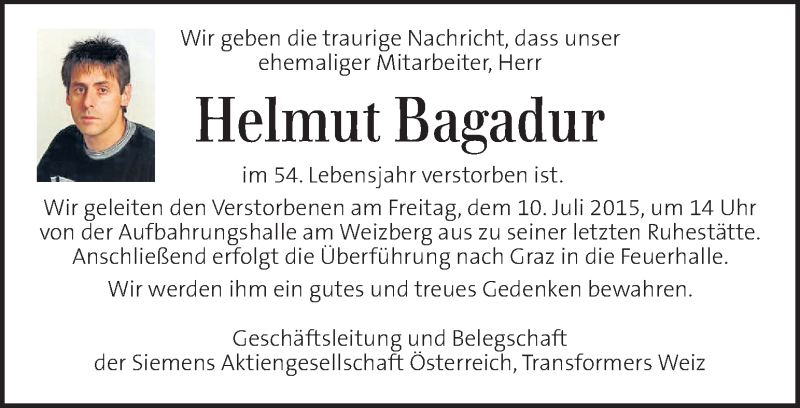  Traueranzeige für Helmut Bagadur vom 10.07.2015 aus Kleine Zeitung