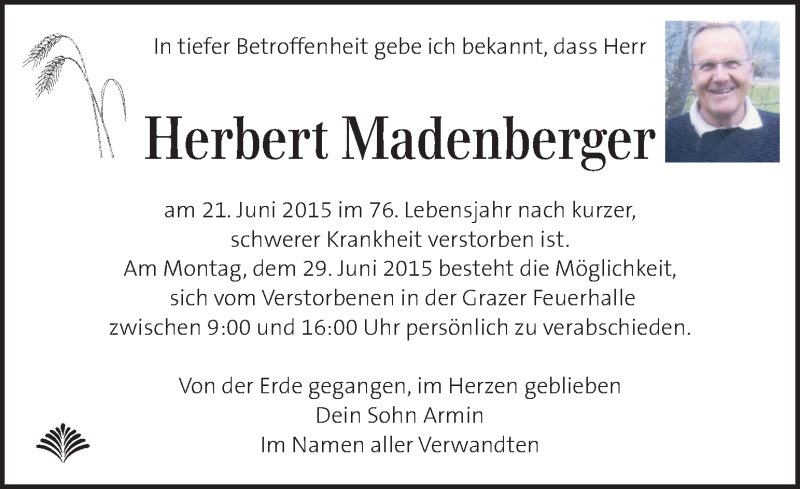  Traueranzeige für Herbert Madenberger vom 26.06.2015 aus Kleine Zeitung