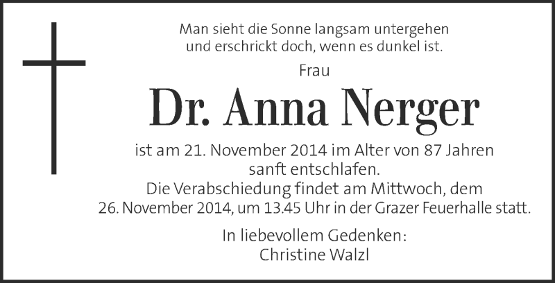  Traueranzeige für Anna Nerger vom 25.11.2014 aus Kleine Zeitung