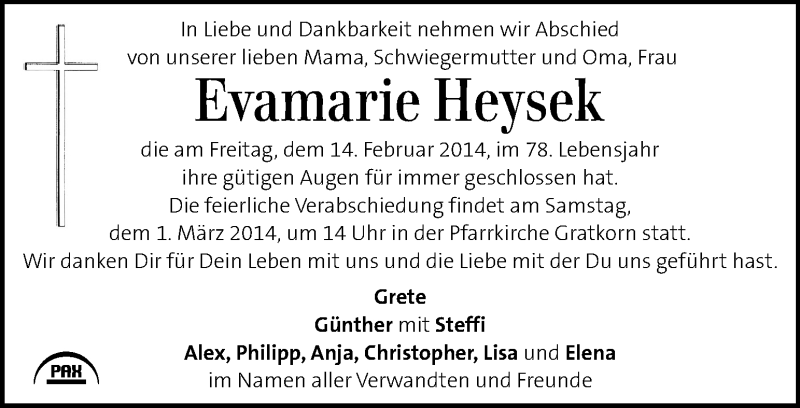  Traueranzeige für Evamarie Heysek vom 21.02.2014 aus Kleine Zeitung
