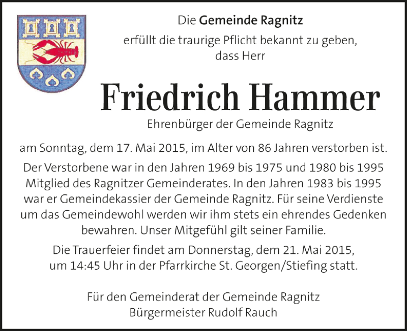  Traueranzeige für Friedrich Hammer vom 21.05.2015 aus Kleine Zeitung Trauer