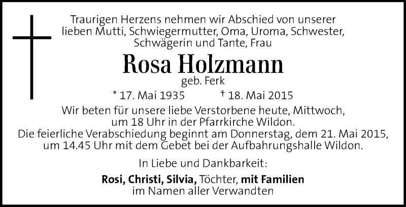 Traueranzeige für Rosa Holzmann vom 20.05.2015 aus Kleine Zeitung