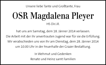 Traueranzeige von Magdalena Pleyer von Kleine Zeitung