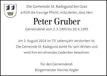 Traueranzeige von Peter Gruber von Kleine Zeitung