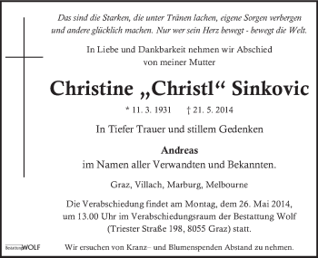 Traueranzeige von Christine Sinkovic von Kleine Zeitung