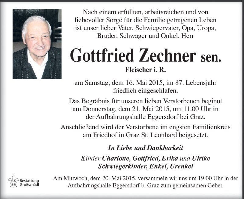  Traueranzeige für Gottfried Zechner vom 19.05.2015 aus Kleine Zeitung