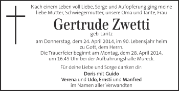 Traueranzeige von Gertrude Zwetti  von Kleine Zeitung