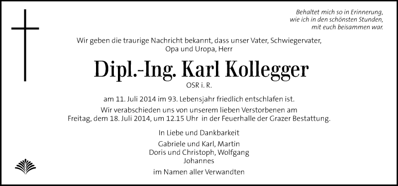  Traueranzeige für Karl Kollegger vom 15.07.2014 aus Kleine Zeitung