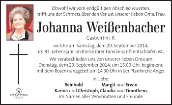 Traueranzeige von Johanna Weißenbacher von Kleine Zeitung