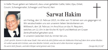 Traueranzeige von Sarwat Hakim von Kleine Zeitung