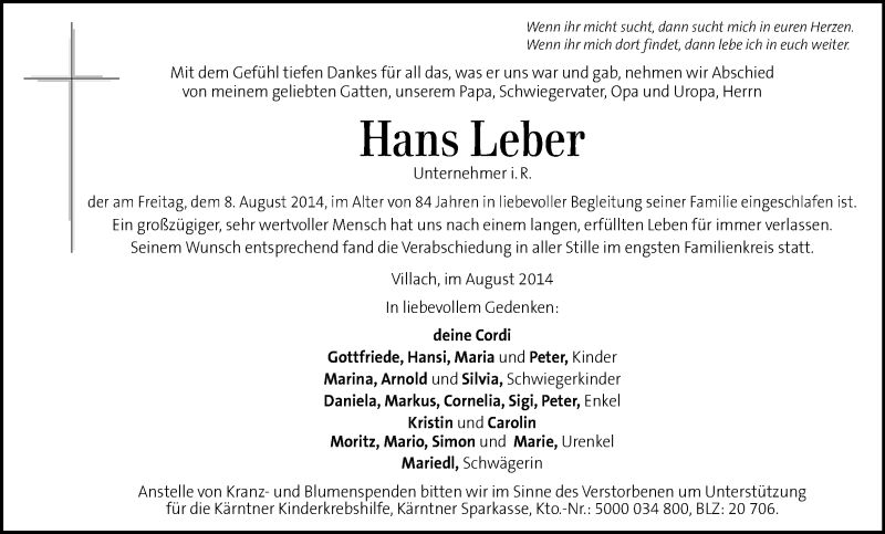  Traueranzeige für Hans Leber vom 16.08.2014 aus Kleine Zeitung
