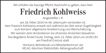 Traueranzeige von Friedrich Kohlweiss von Kleine Zeitung