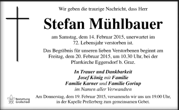 Traueranzeige von Stefan Mühlbacher von Kleine Zeitung