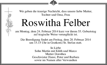 Traueranzeige von Roswitha Felber von Kleine Zeitung