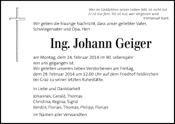 Traueranzeige von Johann Geiger von Kleine Zeitung