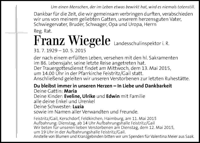  Traueranzeige für Franz Wiegele vom 12.05.2015 aus Kleine Zeitung