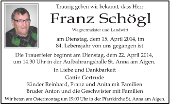 Traueranzeige von Franz Schögl von Kleine Zeitung