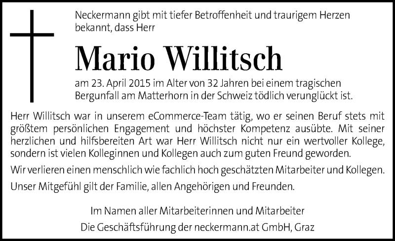  Traueranzeige für Mario Willitsch vom 26.04.2015 aus Kleine Zeitung