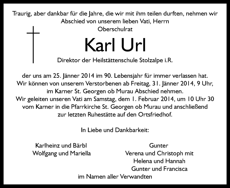  Traueranzeige für Karl Url vom 29.01.2014 aus Kleine Zeitung