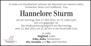 Traueranzeige von Hannelore Sturm von Kleine Zeitung